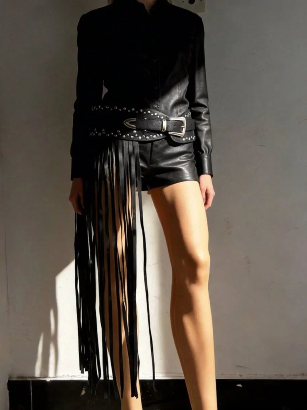 Coffee Y2K Chic Women's Faux Leather Fringe Punk Rivet Belt with Alloy Buckle